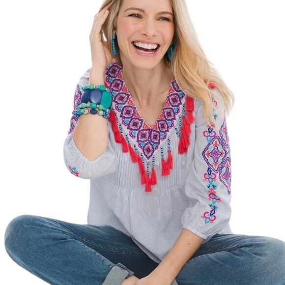Chico's Blue White Stripe Popover Top Embroidered Beaded Tassels Size XL/16 Boho - Picture 3 of 13